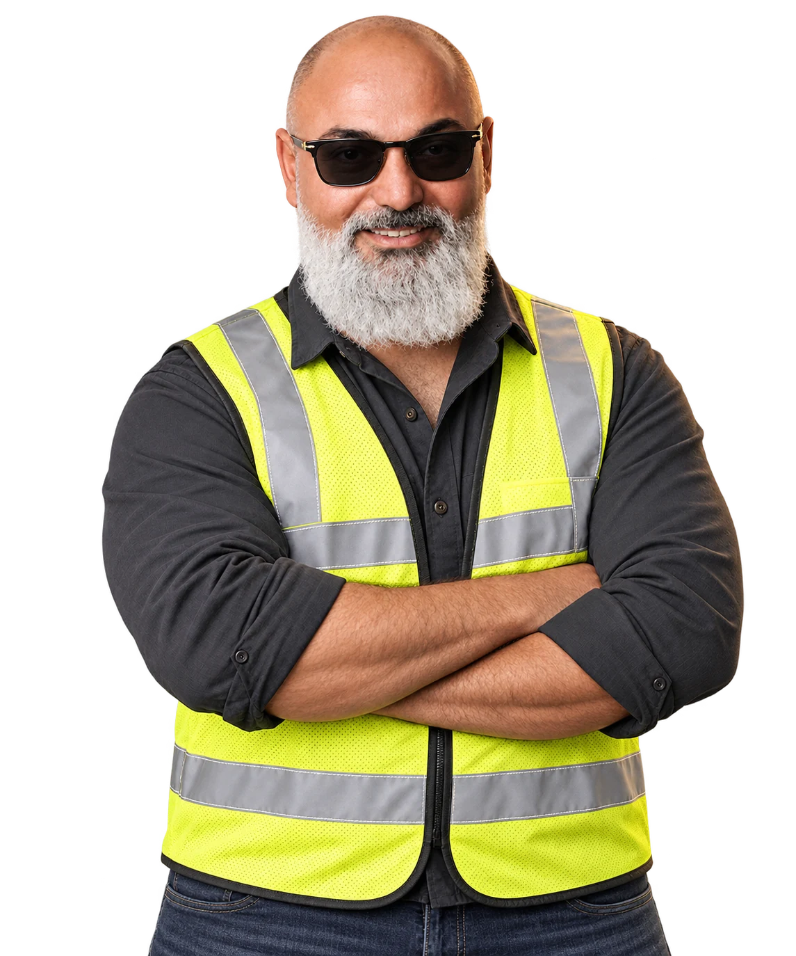 Stylised portrait of Daniel Murtasi wearing sunglasses and construction workwear