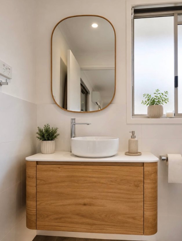 Timber vanity with white vessel basin, arched mirror and bathroom window