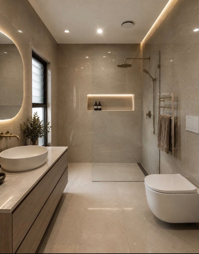 Warm-toned bathroom with walk-in shower, recessed shelf and floating vanity