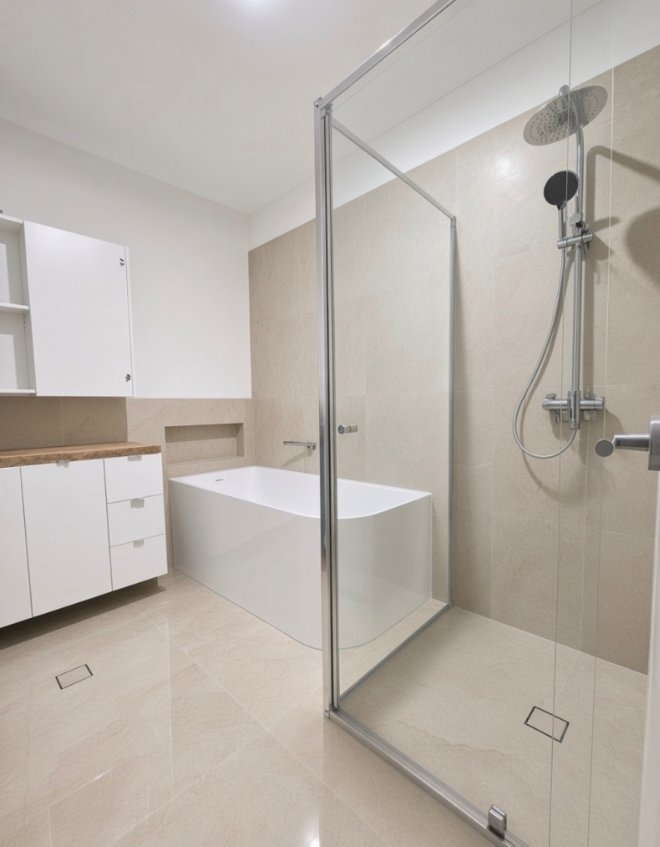 Bathroom with white bath, glass shower enclosure and storage cabinets